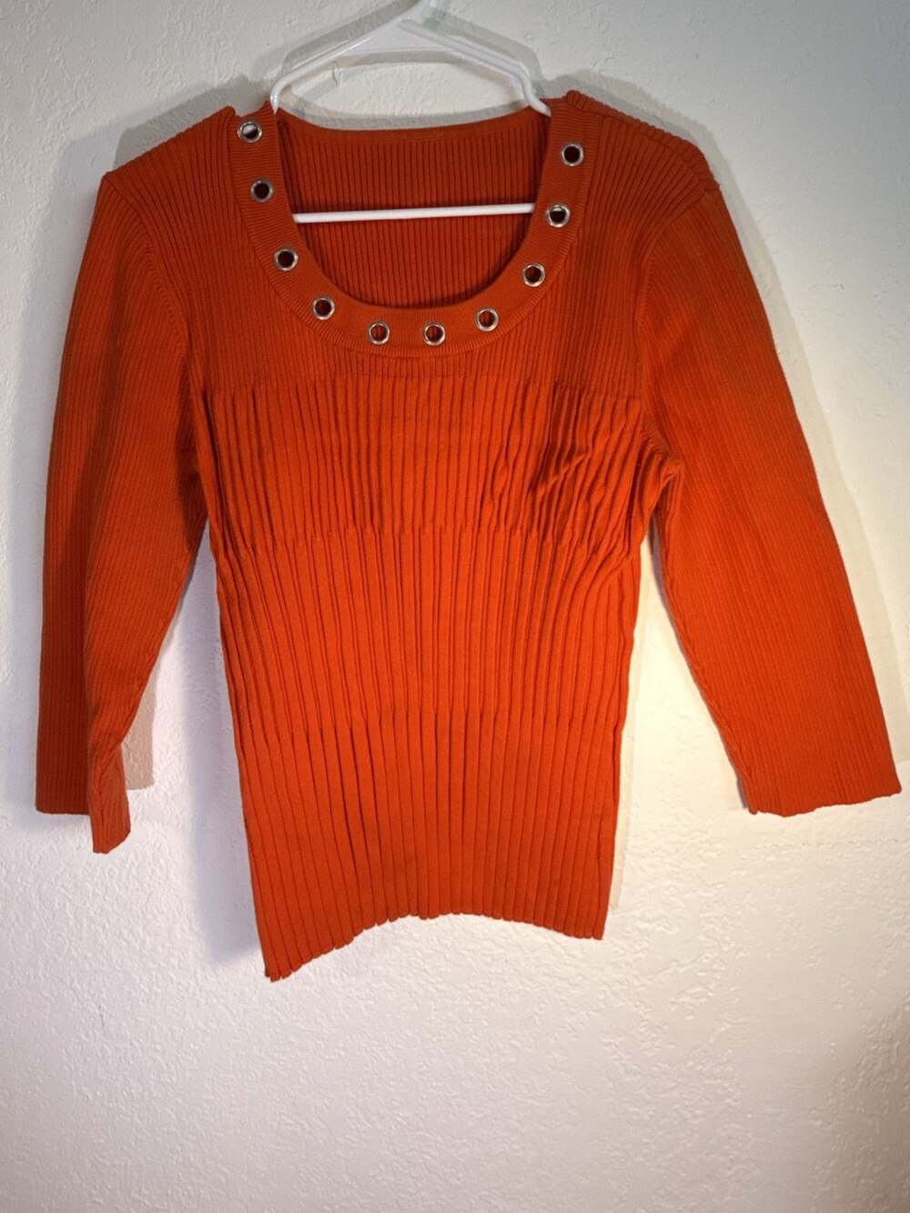 Orange Ribbed Scoop Neck Top With Grommet Detailing